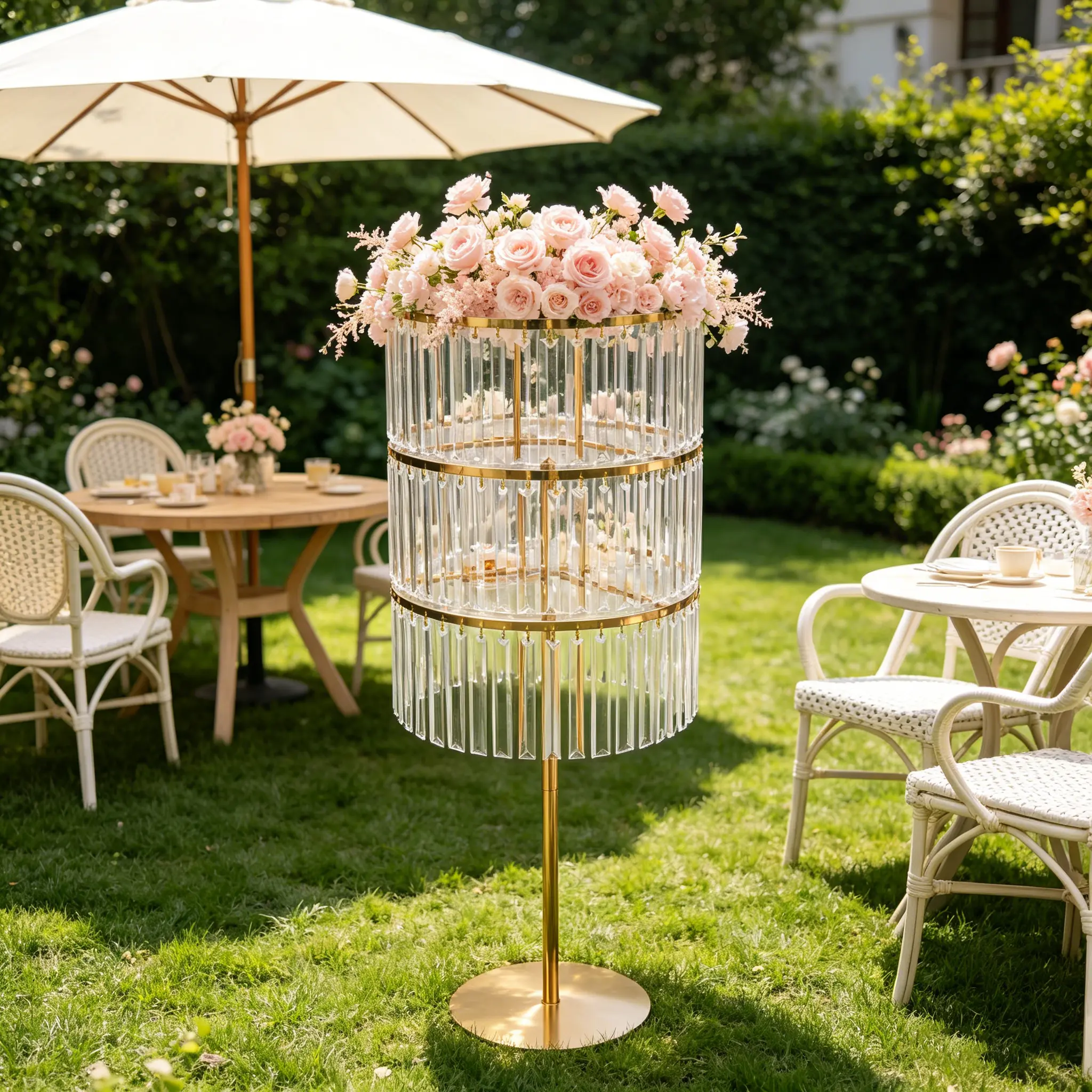 CNCEST 3-Tier Gold Metal & Acrylic Flower Stand with Crystal Pendants, 37.4in Heavy-Duty Riser, Table Centerpiece Decor, Wedding Flowers, Art Deco Home Supply, Home Supplies