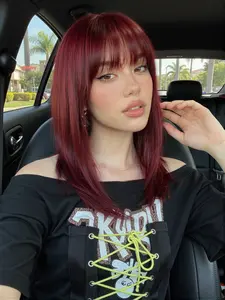 Wine Layered Straight Synthetic Wig with Fringe, Realistic Scalp & Breathable Cap, Medium Length Wigs for All Day Wear, All Seasons, Synthetic Material Wigs, Artificial Wig
