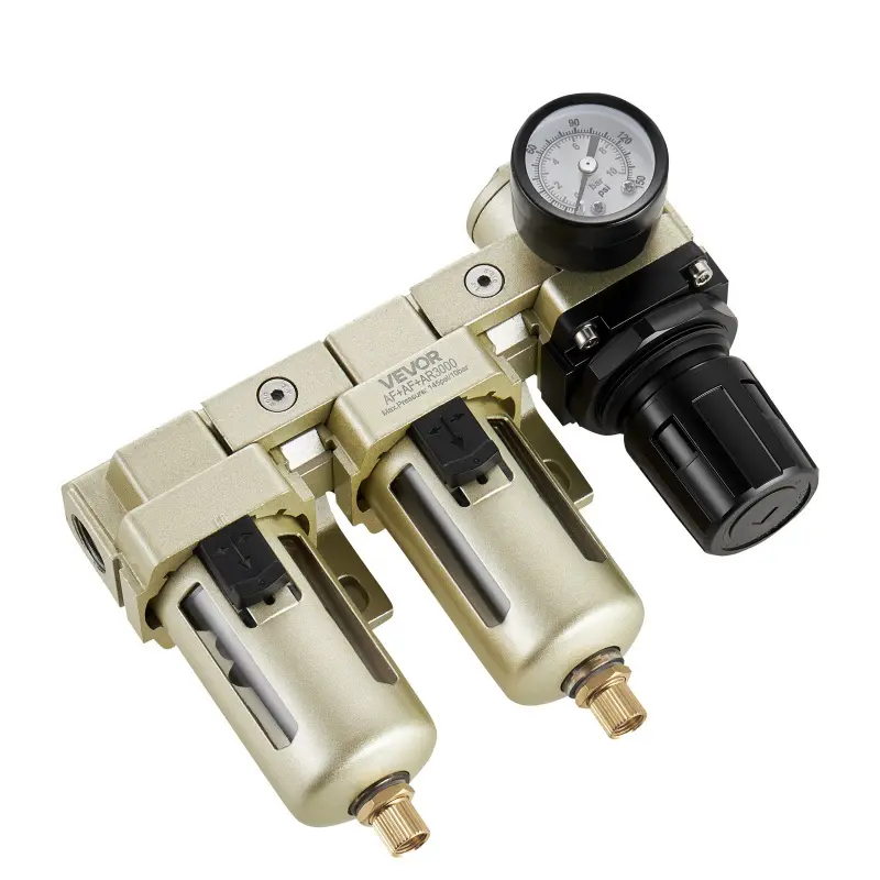 VEVOR Air Compressor Filter Regulator, 3/8" NPT Dual Stage Air-Drying System with 25μm + 5μm Brass Filter Element, 145 PSI Max, Brass Filters