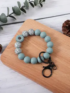 Bohemian Floral Beaded Wristlet Keychain, Macaron Color Silicone Bead Wristlet Phone Strap, Vintage Floral 3D Decor Key Organizer Bracelet, Keychain Jewelry, Floral Pattern Keychain
