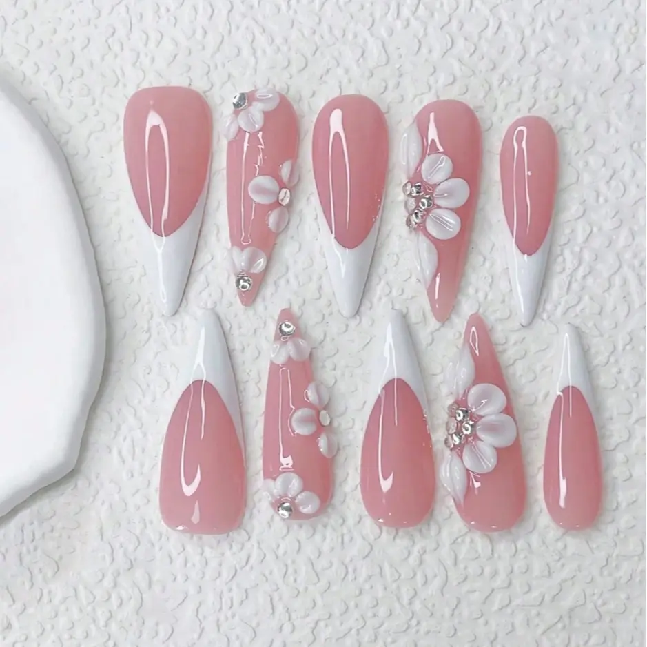 Elegant French Long Almond False Nails, 3D Flower Rhinestone Embellished, Glossy Acrylic Flower Design Nails for Holidays & Daily Wear, Ideal Gift for Women & Girls, Almond Fake Nails