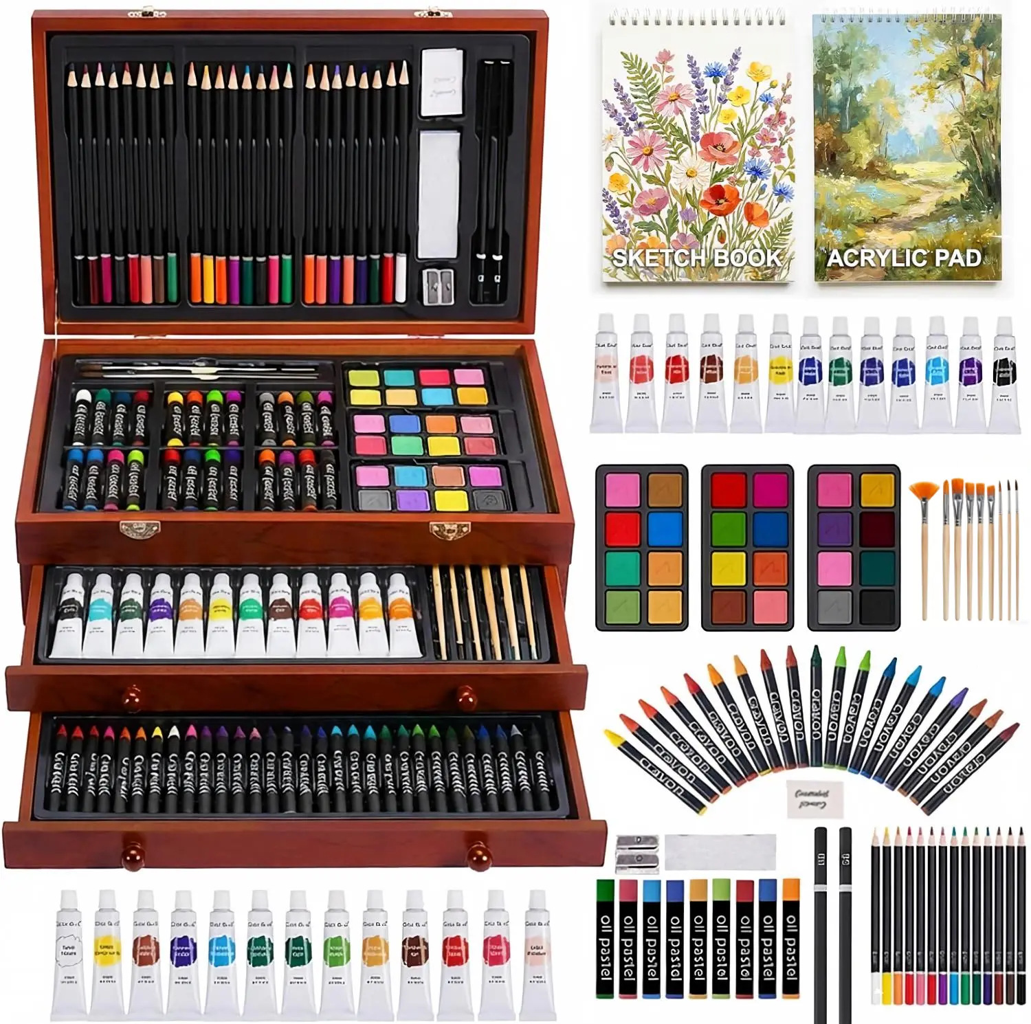 175PCS Complete Art Supplies Set with Wooden Case, Drawing Pads, Crayons, Colored Pencils, Painting Tools and Creative Accessories for Adults, Artists and Beginners，A practical choice for birthdays, holidays and art time.