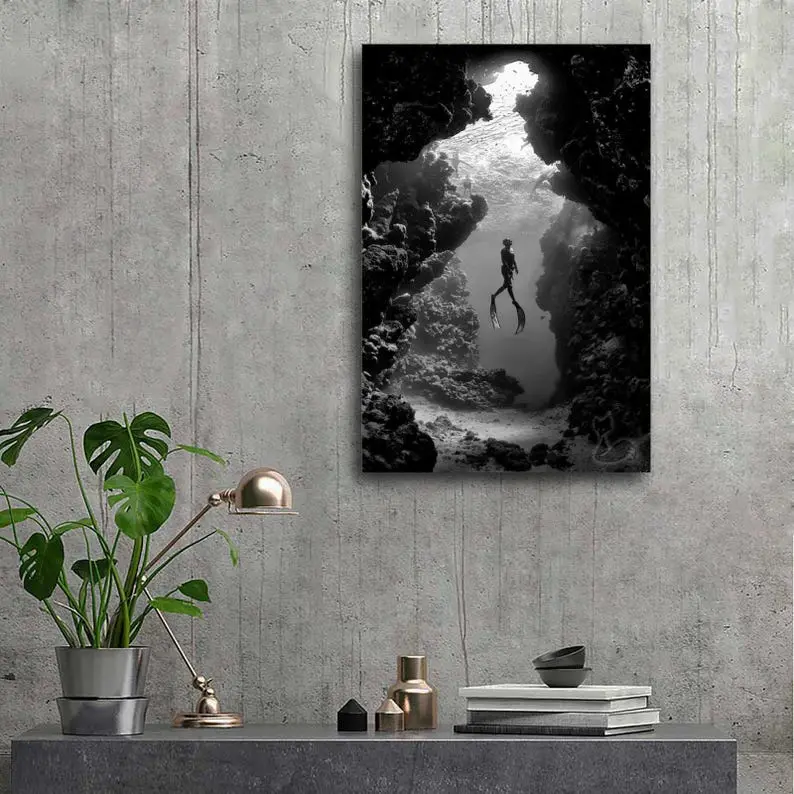 [Sale Up to 60% Off][Free Shipping][No Frame] Black and White Freediver Photography Print Underwater Cave Ocean Wall Art Fine Art Dive Photo Minimalist Marine Decor Edition Print