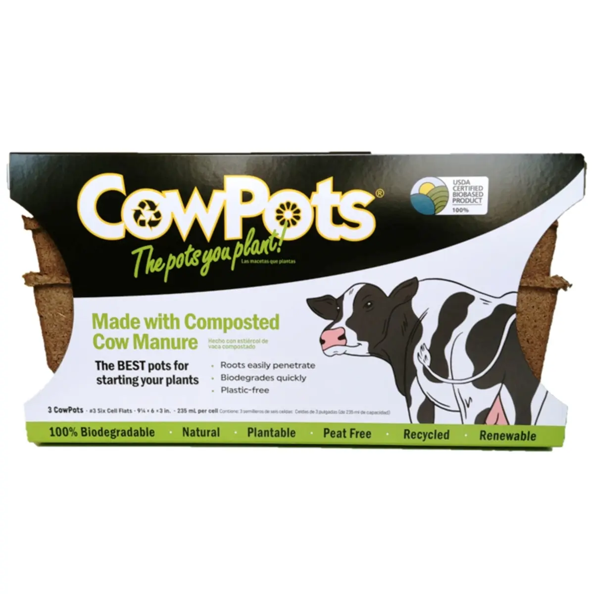 COWPOTS, LLC Biodegradable Cow Manure Plant Pots - 3-Pack Retail Combo for Seed Starting, Greenhouse Use