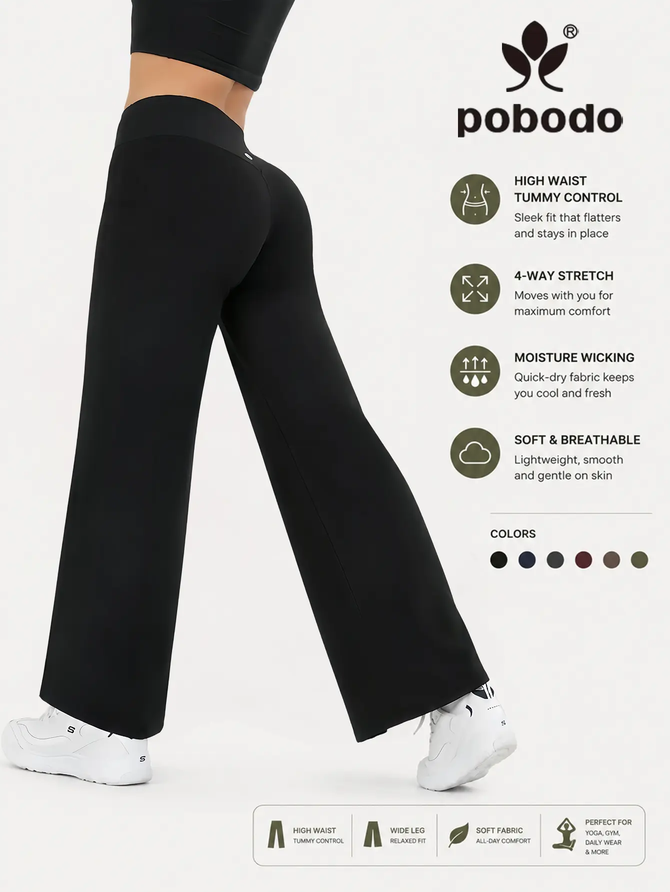 POBODO Women's Stretch Polyester Spandex Bottoms, High Waist Wide Leg with Tummy Control, Butt & Hip Lift, Comfy for Yoga & Lounge, Loose