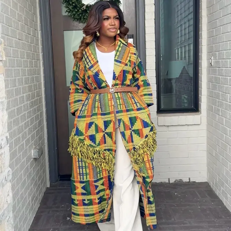 Akwaete Kimono Bold Statement Piece Rich in Fabric and Sophisticated with Vibrant Kente Print and Fringe Detail