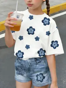 Girls' Floral Denim Print Set, Summer Casual 2-Piece, Comfortable Elastic Waist Pants, Perfect for Outdoor Activities, Ages 4-12, Casual Outfit Set, Summer Clothing Set