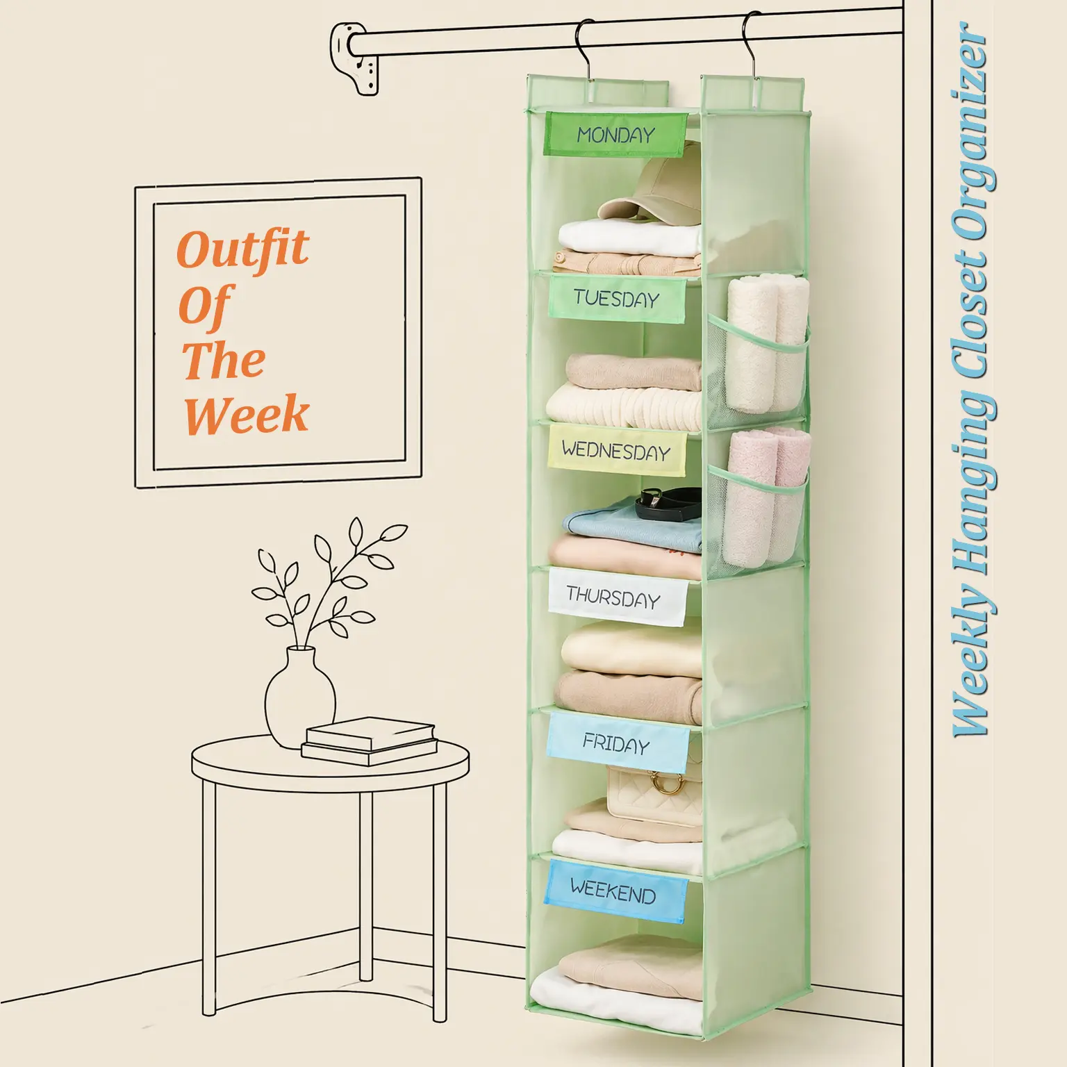 Hangable Closet Storage Organizer Unit, 6-Shelf Multipurpose Storage with 2 Side Pockets, Wardrobe Hanger Space Saver, Small Room Organization Product, Back to School Essential, Room Storage