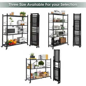 Grezone 3/4/5 Tier Foldable Storage Shelf with Wheels,Collapsible Shelving Unit Display,Rolling Cart for Books Kitchen Storage Shelves Steel