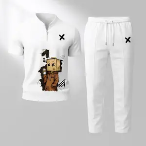 Men's Print Zip Henley Collar Short Sleeve and Long Pants Two Piece Set Made with Waffle Knit Fabric Breathable Soft Texture Loose Fit for Casual Everyday Wear