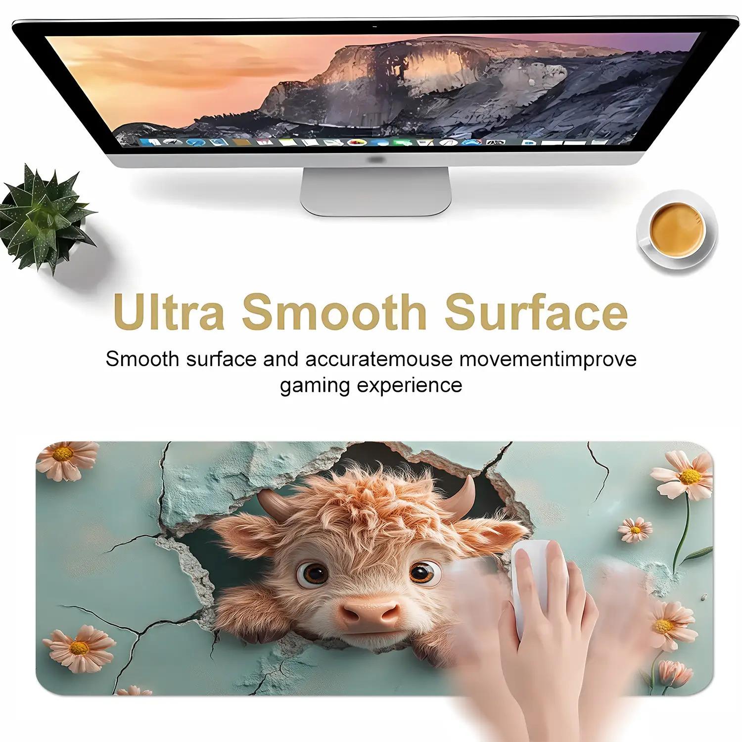 1pc Cute Highland Cow Scottish Cow Desk Mat |   Non-Slip Mouse Pad & Keyboard Cover, Turquoise Cracked Ice-like Texture with Pink Flowers, Soft Blue Computer Accessory for Office, Room, Reusable Desk, 2D Flat