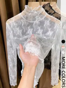 Women's Lightweight High Neck Lace Long Sleeve Base Layer Top, Blouse, Elegant Summer Fashion Lettuce Trim Top, Comfortable and Stylish Women's Clothing, Womenswear