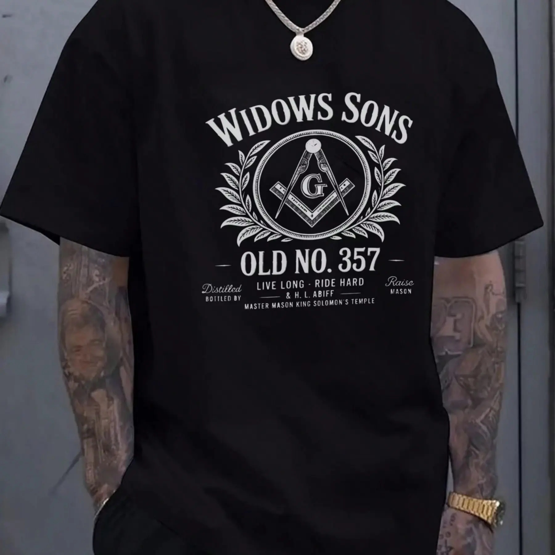 Men's 180GSM Pure Cotton Round Neck Short-Sleeve Top, Colorful Widows Son Freemason Symbol Graphic Tee, Soft Breathable Knit Casual Menswear for Masons
