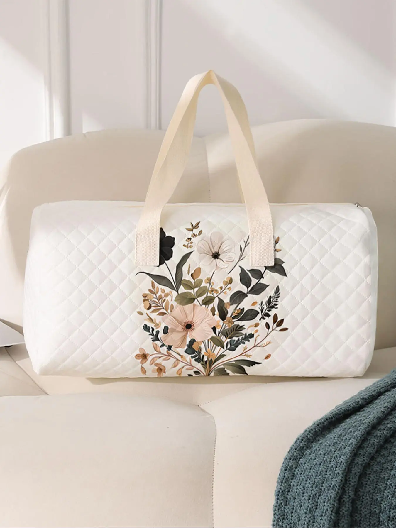 Flower Bouquet Pattern Handbag, Large Capacity Travel Bag, Portable Overnight Bag, Stylish Yoga Training Bag, With Shoe Storage, Casual Style