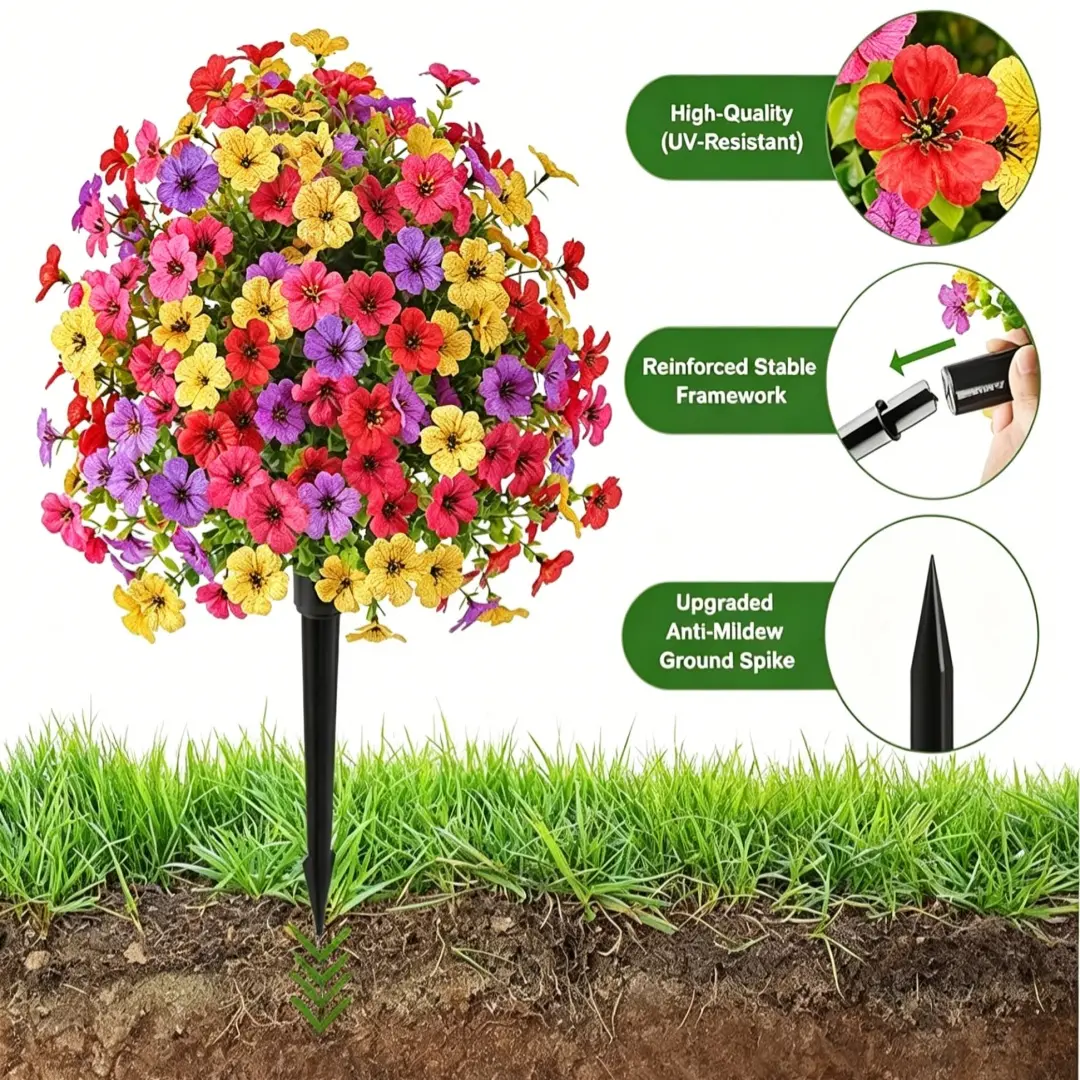 Durable UV-Resistant Outdoor Fake Plastic Plants with 9 Inches Ground Stakes - Decorative Flower Bushes (Daisies, Roses, Fake Wildflowers) for Garden Ornaments, Home Decor Gifts, Flower Arrangement