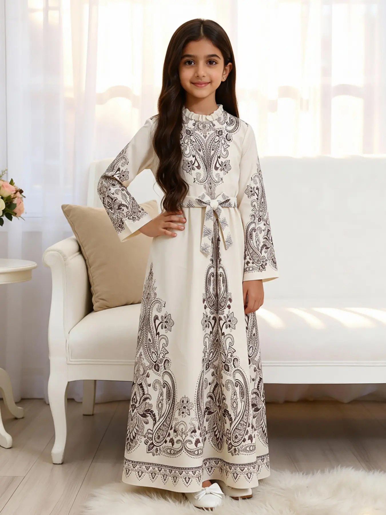 Girls' Muslim Modest Modesty Elegant Ethnic Vintage Floral Long Sleeve Tie-Waist Maxi Dress, Kids' Clothes for Party, Wedding, Festivals & Formal Occasions