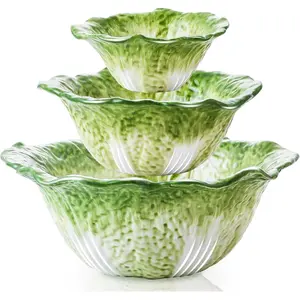 Handmade Kitchenware Ceramics 3-Piece Wide-Rim Cabbage-Shaped Nesting Bowls Set - Porcelain, Extra Large (60/16/5oz) Salad Bowl for Serving, Fruit, Vintage Decor