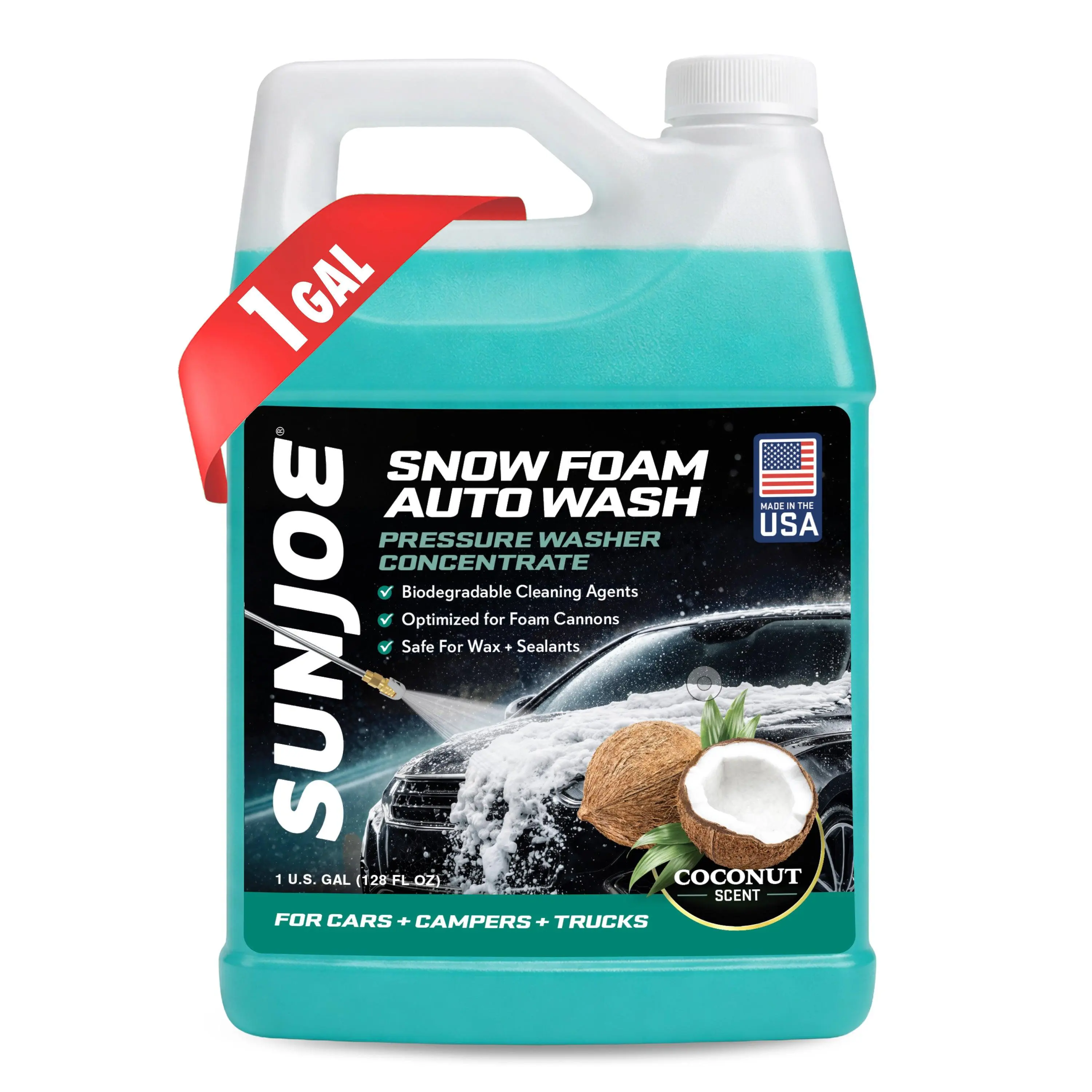 Sun Joe Premium Snow Foam Coconut Scent Car Washing Soap & Cleaner, 1 Gallon