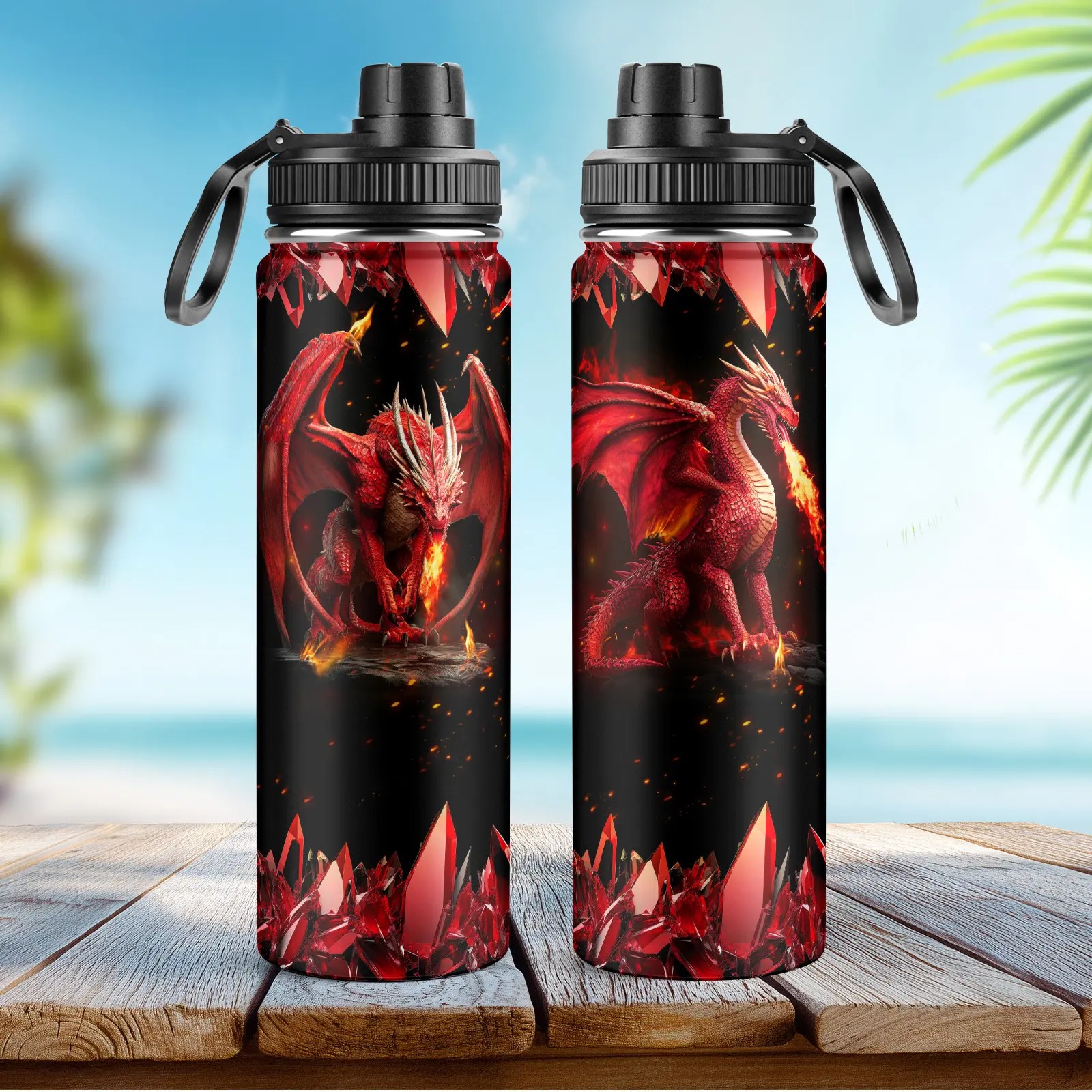 22oz Leakproof Custom Name Initials Dragon Themed Insulated Water Bottle Stainless Steel Tumbler, Perfect Outdoor Gym Travel Gift for Dragon Lovers Men and Women
