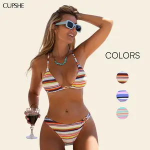 CUPSHE TikTokShopSpringGlowUp Saltwater Taffy Striped Bikini Sets | Leg-Lengthening High-Cut Swimsuit | Modern Cheeky Bum Coverage Two-Piece for Beach Vacay 2026