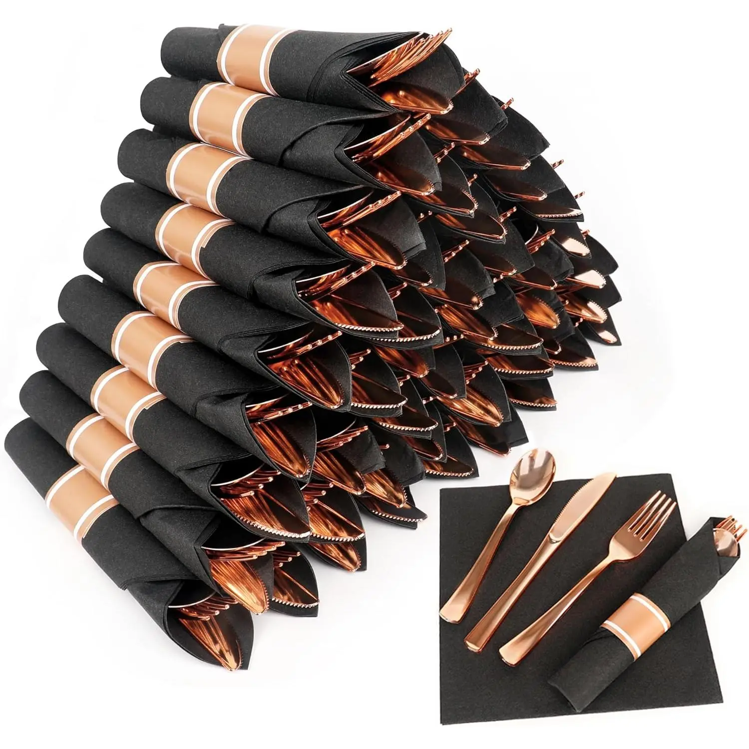 50 Pack Pre Rolled Rose  Plastic Silverware Set,Wrapped Plastic Cutlery Set with Napkin Include 50 Forks,50 Spoons,50  and 50 Black Napkins for Party, Wedding,Christmas