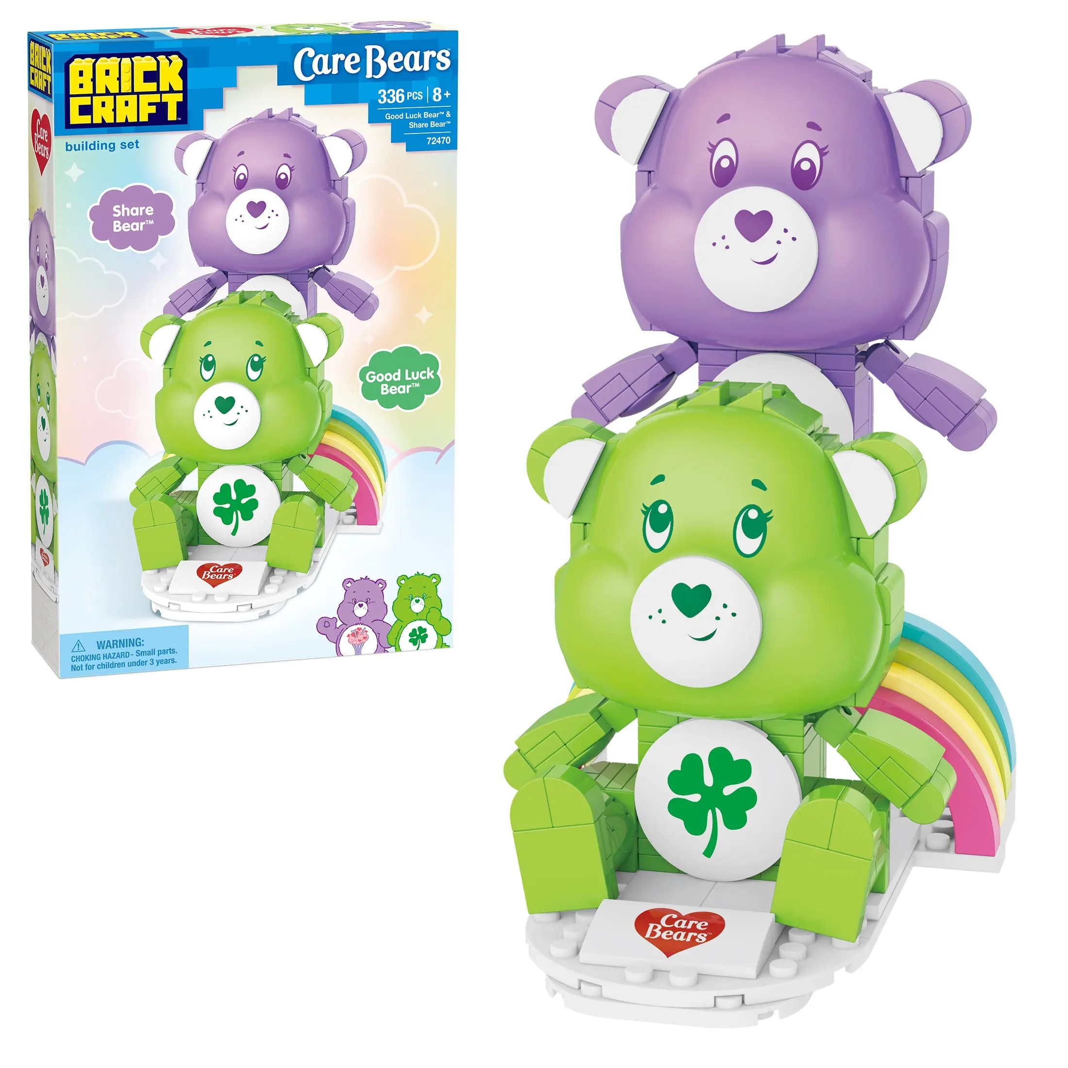 Brickcraft Care Bears Good Luck Bear & Share Bear Building Set, 336-Piece Collectible Figure Kit on Rainbow Base for Fans & Collectors 8+