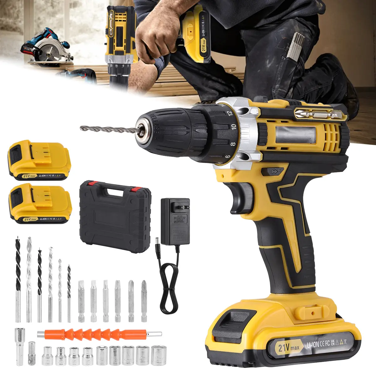 21V Cordless Brushless Impact Drill Kit - Rechargeable Lithium Power Tool with Cordless Max Torque Hammer Driver, Portable for Construction, Screw Driving, Wood Drilling, DIY Enthusiasts’ Workshop Use