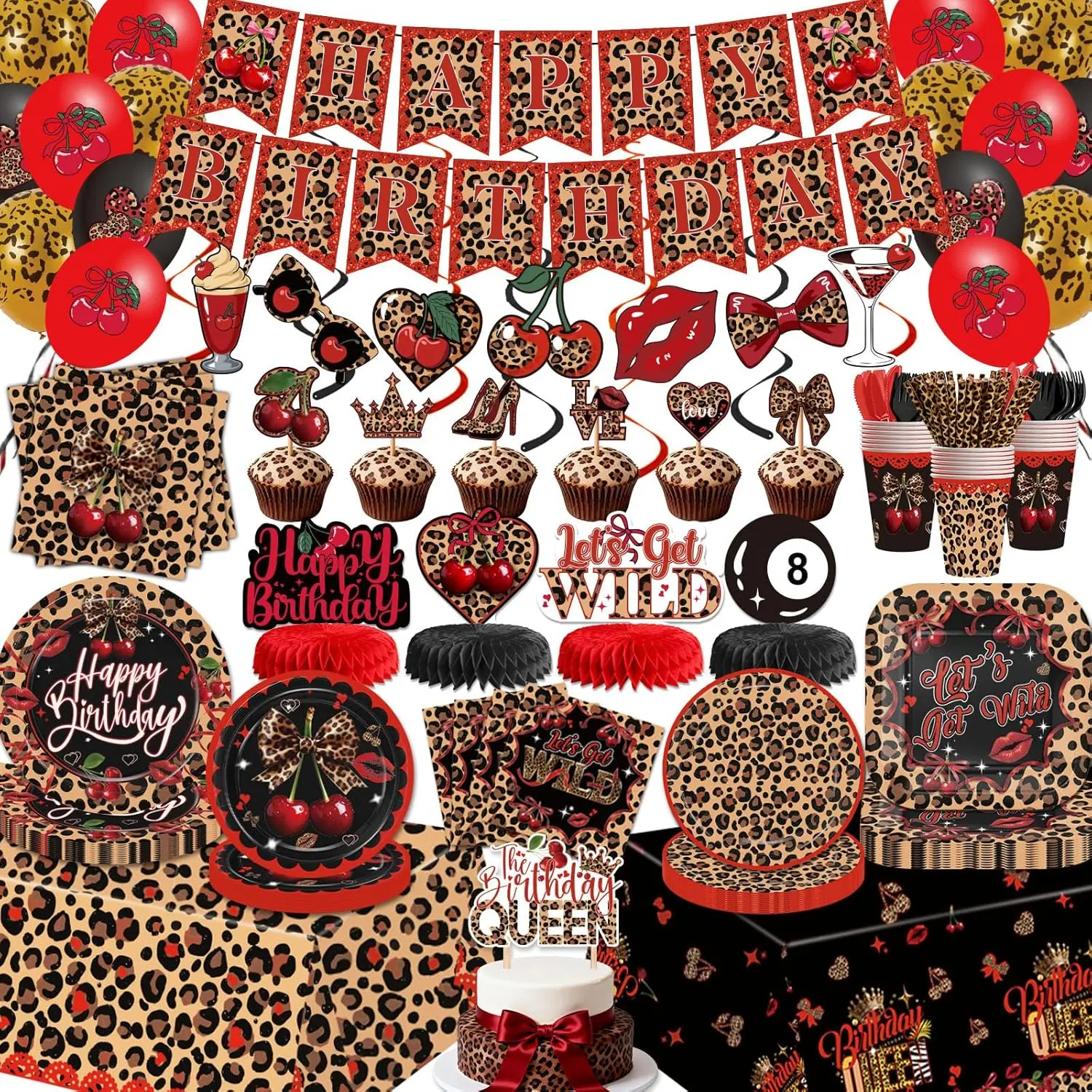 220pcs Red Cheetah & Cherry Print Birthday Decorations Set - All-in-1 Party Setup Supplies Serve 26, Includes Plates, Napkins, Tablecloths, Banner, Balloons for Girls' Photo-Worthy Party Decor