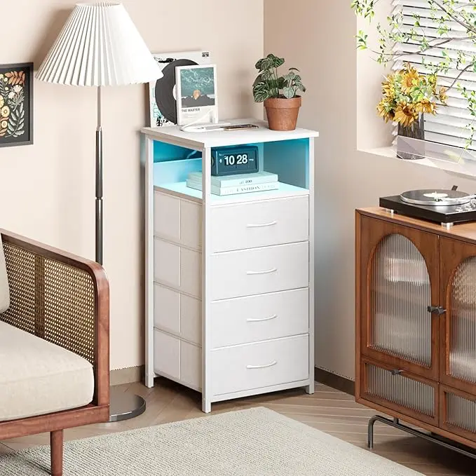 Night Stand with Charging Station, LED Nightstand with U-S-B Ports and Outlets, 3 Fabric Storage Drawers with PU Finish, Bedside Table, White