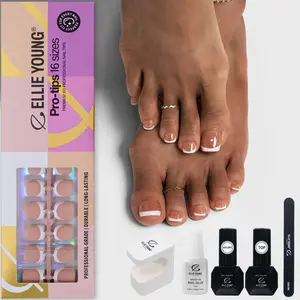 ELLIE YOUNG Pro-Tips Short Square White French Toenail Tips with Brown Base, 160pc Press-On Toenails Kit – 16 Sizes, Matte Gel Acrylic Look, Soft Gel DIY Extensions, French Nail Art