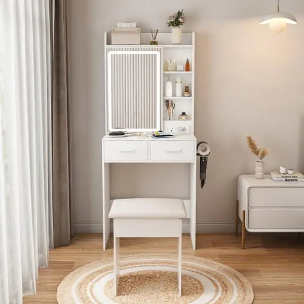 Small Makeup Vanity Desk with Mirror & Adjustable LED Lights Built-in Power Outlet & Hidden Storage Includes Padded Stool & Shelf Space-Saving Dressing Table for Small Bedrooms White Solid Wood Vanity 3-Level LED Lighting 2 USB Ports 2 AC Outlets