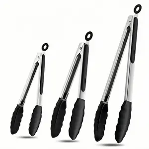 Stainless Steel Silicone Kitchen Tongs for Cooking, Serving Food, Salad, Bbq, Grill, Pan Protecting Tong with Silicone Tip, Heat Resistant airfryer accessories, 7" 9" & 12 inch, Set of 3, Black