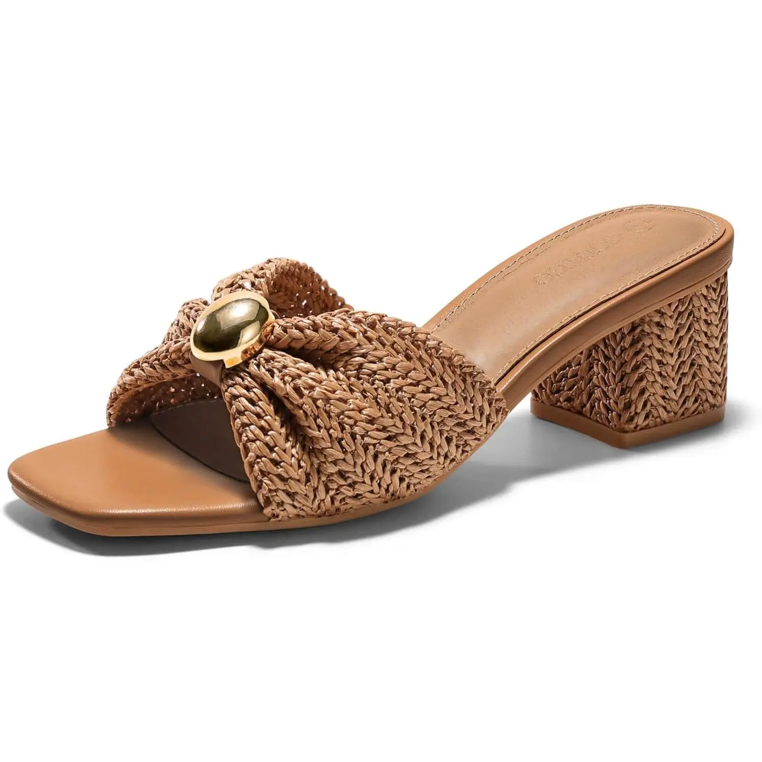 Coutgo Womens Low Chunky Block Heels Raffia Sandals Square Open Toe Slip On Slides Summer Beach Dress Shoes Footwear Girl