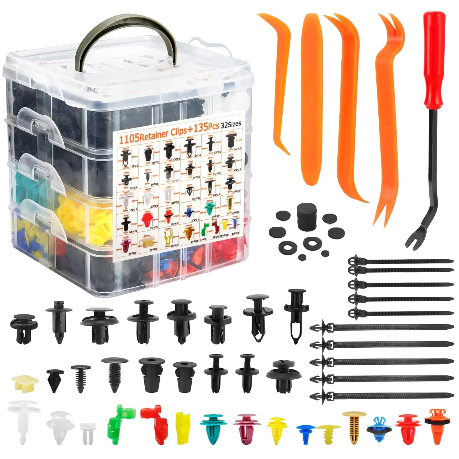 1240-Pcs Universal Fit Car Retainer Clips Kit - 32 Sizes Impact-Resistant Nylon Auto Fasteners, Push-In Push Pins Assortment with Removal Tool, 10 Secure Cable Ties for Toyota Vehicle Interior