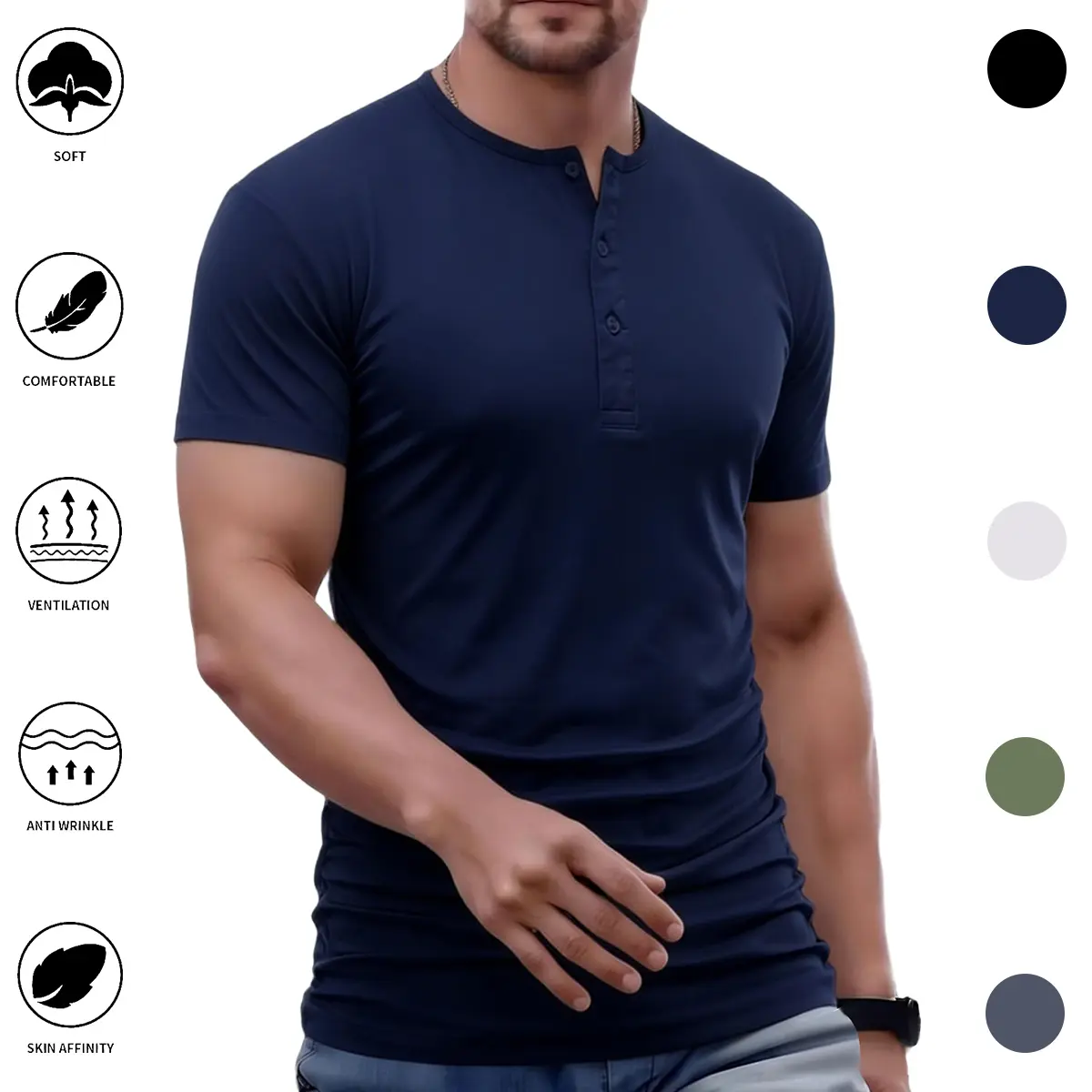 Men’s Polo Shirt with a Henley Collar — Vintage Henley-Collar Polo, Solid Color Slim Fit, Quick-Dry Lightweight and Breathable with a Smooth Feel, Suitable for Everyday Summer Wear, Tech-Breathable Mesh Fabric, Y2K Style, Outdoor Summer Apparel Casual Bei