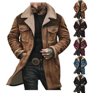 Mens Western Cowboy Jacket Vintage Suede Jacket Long Trench Coats Zip Up Plush Collar Cowboy Peacoat Retro Tops Casual Menswear Fathersdaygift Soft Fleece Hoodie jacket western clothing jackets letterman ffa jacket western clothing windbreakers Leather