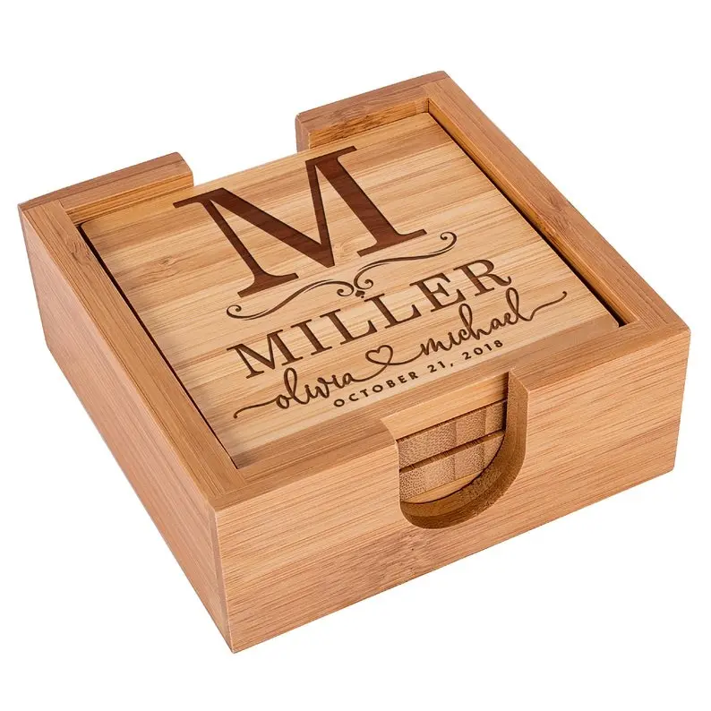 Custom Coaster Set with Holder, Personalized Coaster Set of 4 Square Bamboo, Housewarming Gift, Monogram Coasters Wedding Gift for Couples