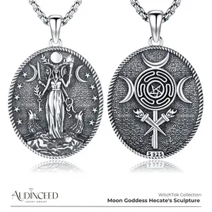 Audinceed Hecate S925 Sterling Silver Necklace, Witchtok Collection Hecate Hekate Luxury Triple Moon Goddess Pagan Wiccan Magic Silver Necklace Pendant Blessed Amulet Jewelry Gift for Women Men