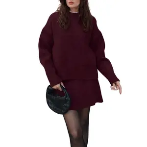 CHARTOU Women Sweater Skirt Sets 2 Pieces Outfits Loose Fit Pullover Sweater Knitted Mini Skirt