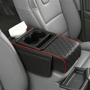 Car interior organizer: armrest pad+5-in-1 center console cover, comes with storage bag, cup holder, tissue box and phone slot, black and red versatile.