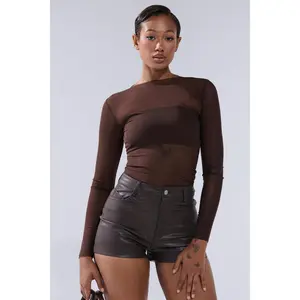 PAXTON RAW HEM LONG SLEEVE MESH TEE IN CHOCOLATE BROWN