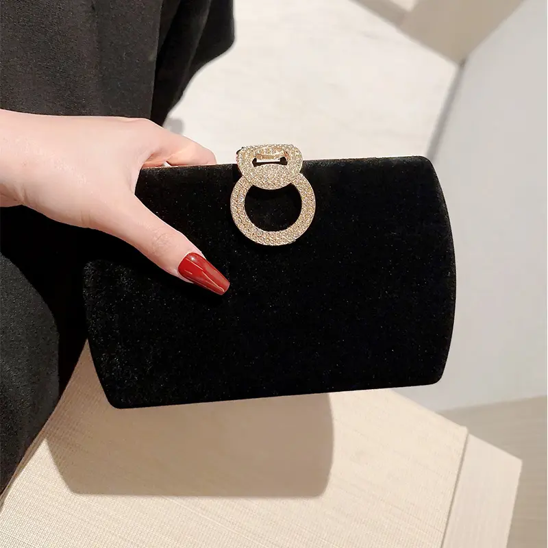 Women's Black Elegant Clutch, Glitter Rhinestone Polyester Evening Bag with Magnet Closure, Ideal for Wedding, Cocktail & Prom Events