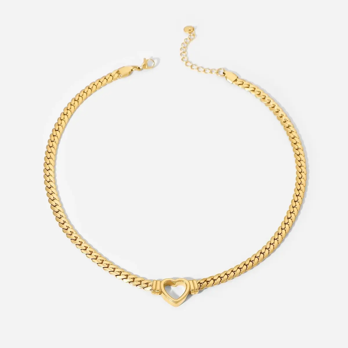 Hollow Heart Pendant Necklace Choker 18K Gold Plated Flat Snake | Waterproof + Non-Tarnishing