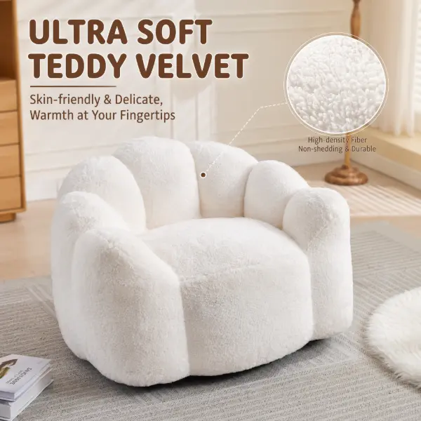 High Rebound Foam Bean Bag Chair - Faux Lamb Wool Padded Single Seat, Lotus Petal Compression Lazy Floor Lounge Sofa, No-Assembly Indoors Furniture with Portable Pull Ring for Living Room Adults, Multiple Colors