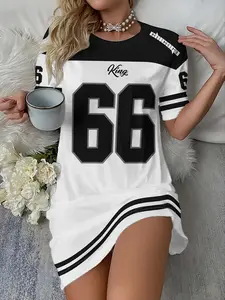 Women's Vintage Sporty Fitted T-Shirt Dress, Comfortable Versatile Casual, New Trendy Fashion, Multi-Scene Wear, All over Graphic Print, Womenswear