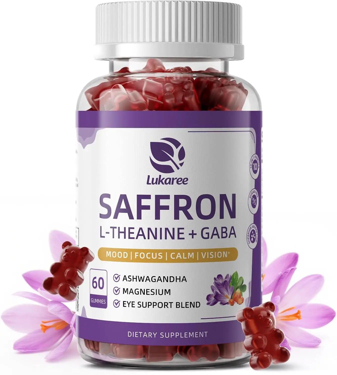Saffron Gummies 88.5mg with L-Theanine 200mg, GABA for Mood, Focus & Vision | 10-in-1 Supplements for Adults with Ashwagandha, Eye Support Blend, GMP Certified, Sugar Free, Vegan, 60 Day Supply