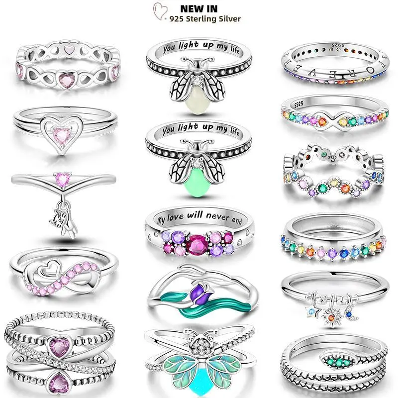 Elegant Fashion Ring for Women, 925 Sterling Silver Wishbone Heart Ring with Sparkling Rainbow Stones & Luminous Firefly Accent, Elegant Fashion Rings