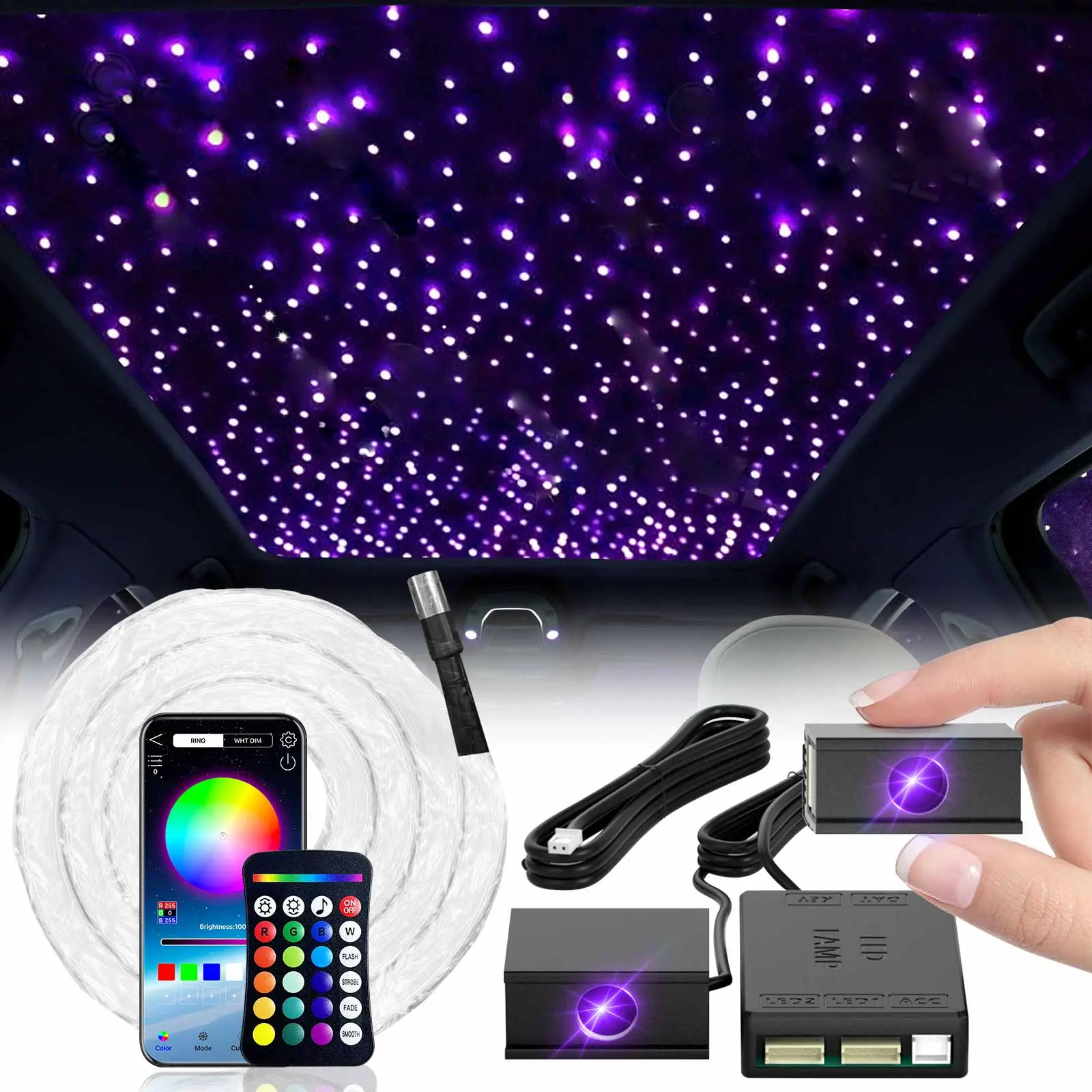 16W RGB Fiber Optic Starlight Headliner Kit for Car, APP Bluetooth & Remote Control, Music Sync Twinkle Ceiling Lights, DIY Shooting Star Roof Light, Universal Interior Ambient Lighting Kit ideal birthday gift