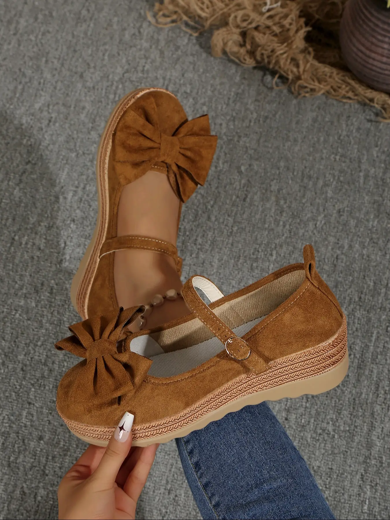 Women's Wedge Platform Loafers, Breathable Textile Plaid Bowknot Ankle Strap Shoes, Casual Round Toe Spring & Fall Footwear, Affordable Loafers
