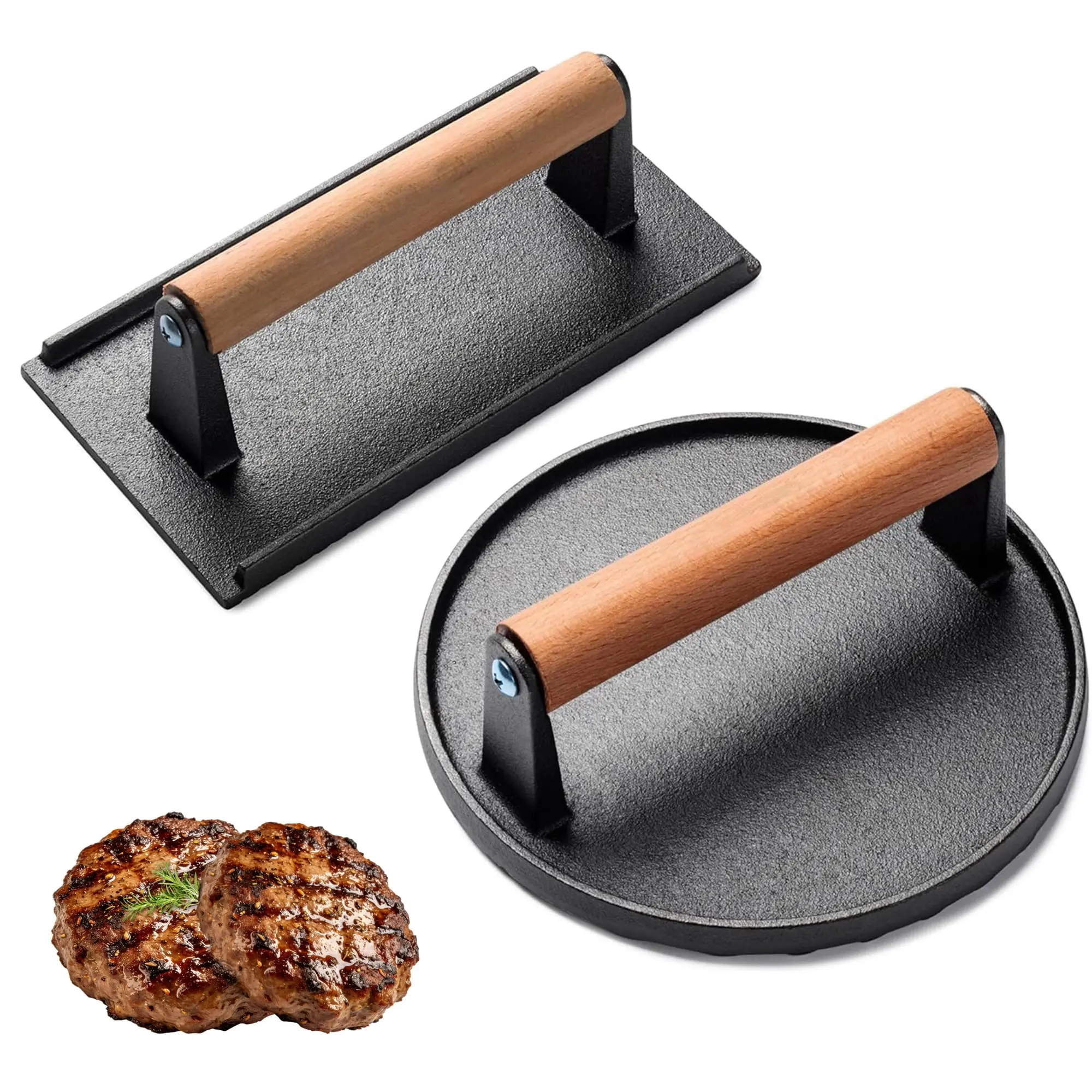 Burger Press Set, 7" Round Smash Burger Press & 8"x4" Rectangle Cast Iron Grill Press with Wooden Handle, Meat Weight Press for Griddle, Sandwiches, Panini, Nonstick Pan, Kitchen, Utensils